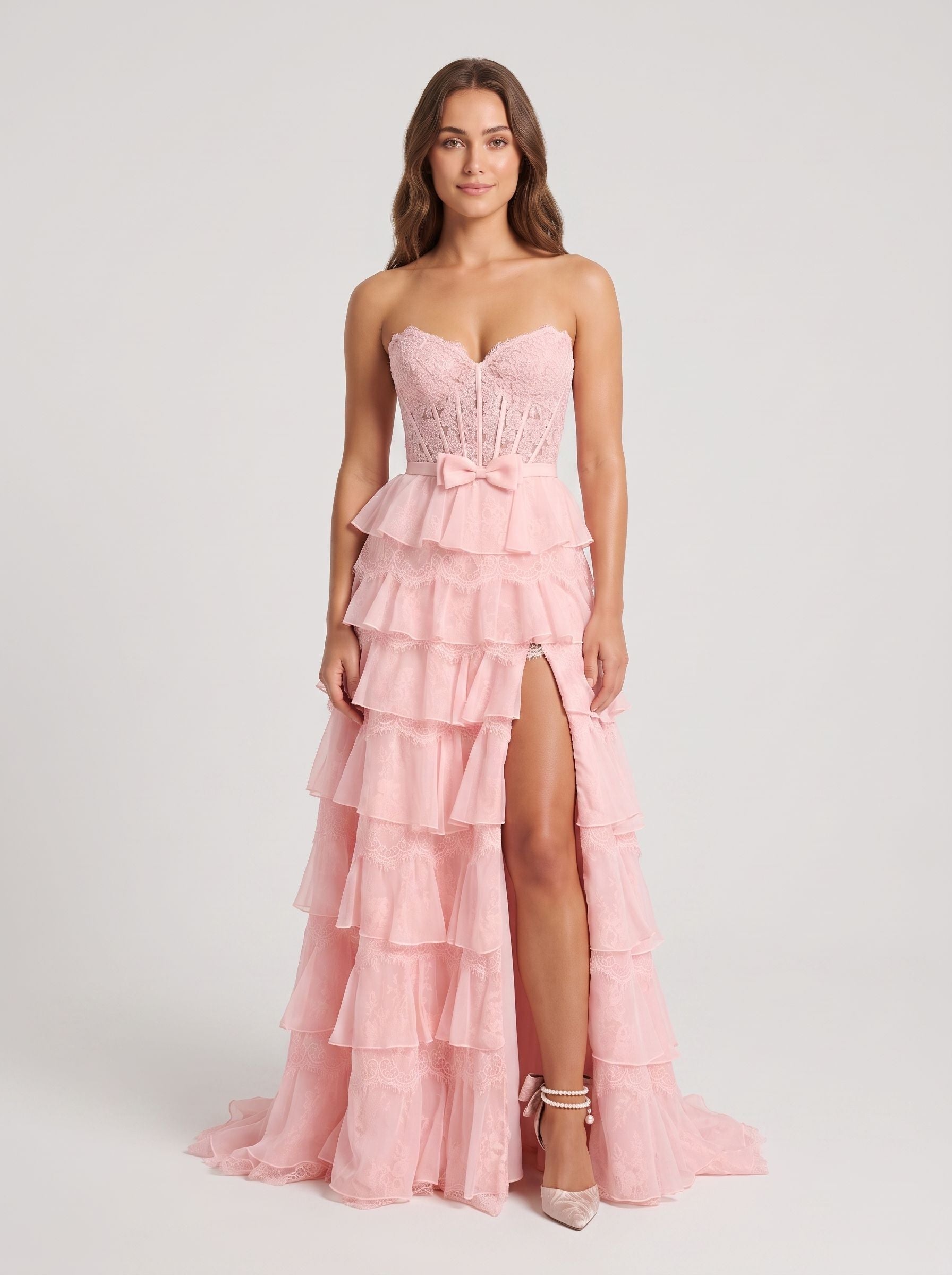 Petal Tulle A-Line V-Neck Corset Back Floor-Length Dress with Floral Appliques - Curvevia