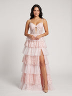 Blushing Pink Tulle A-Line Sweetheart Back Zip Floor-Length Dress with Tiered Ruffles and Slit - Curvevia