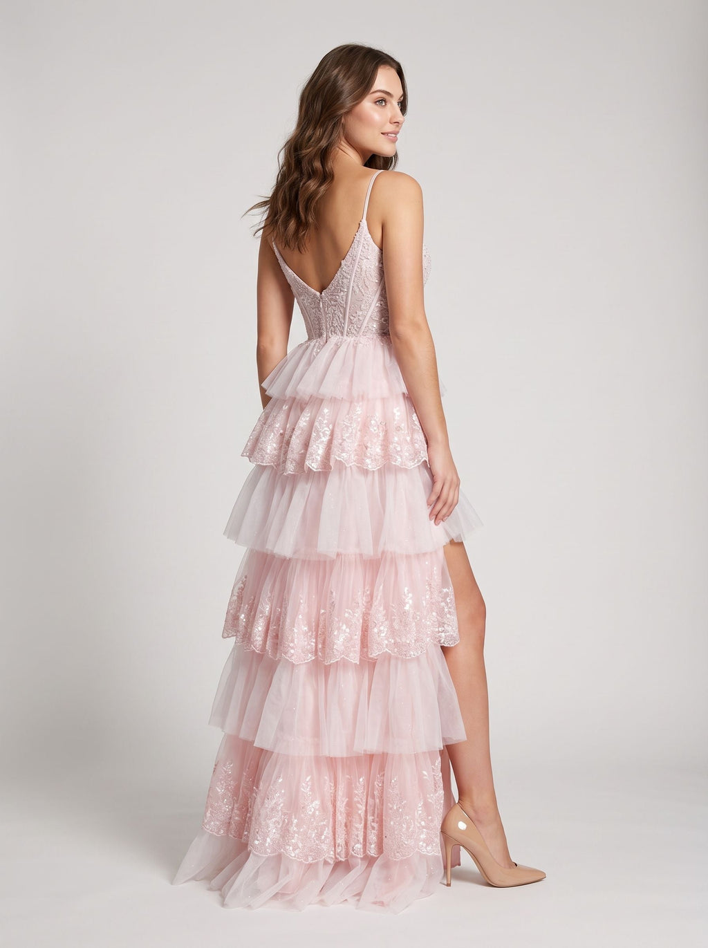 Blushing Pink Tulle A-Line Sweetheart Back Zip Floor-Length Dress with Tiered Ruffles and Slit - Curvevia