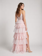 Blushing Pink Tulle A-Line Sweetheart Back Zip Floor-Length Dress with Tiered Ruffles and Slit - Curvevia