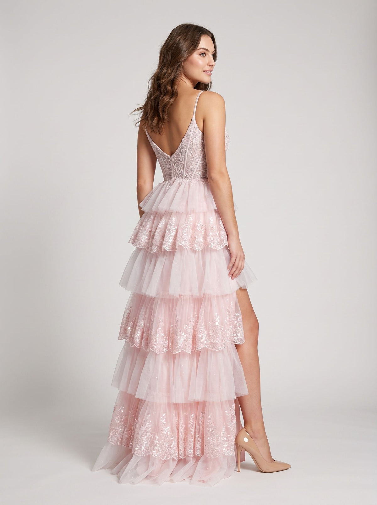 Blushing Pink Tulle A-Line Sweetheart Back Zip Floor-Length Dress with Tiered Ruffles and Slit - Curvevia