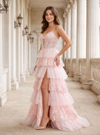 Blushing Pink Tulle A-Line Sweetheart Back Zip Floor-Length Dress with Tiered Ruffles and Slit - Curvevia