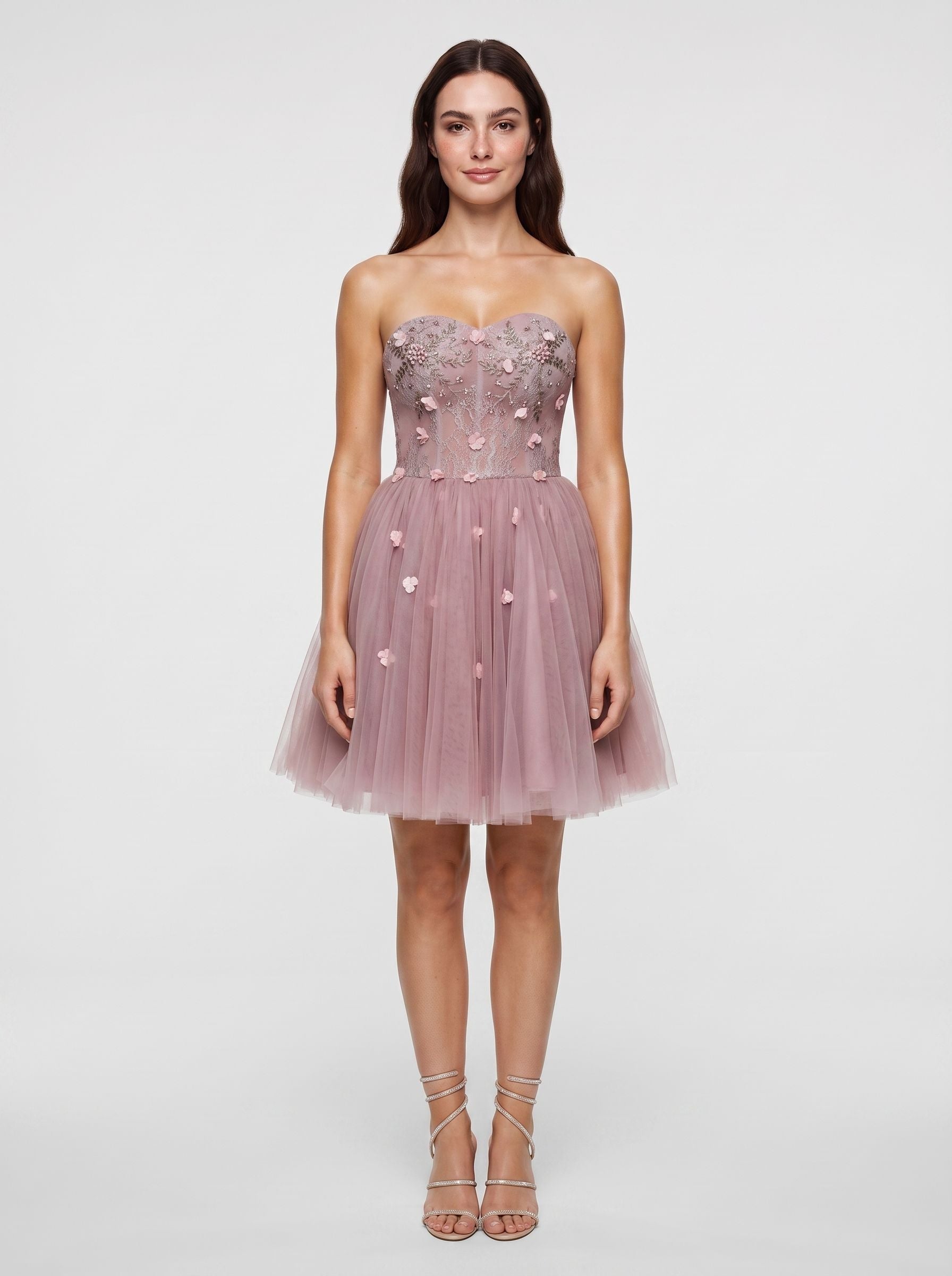 Purple Tulle A-Line Sweetheart Lace-up Short Dress with 3D Flowers - Curvevia