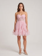 Petal Tulle A-Line Sweetheart Back Zip Short Dress with 3D Floral Appliques - Curvevia