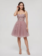 Purple Tulle A-Line Sweetheart Lace-up Short Dress with 3D Flowers - Curvevia