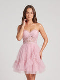 Petal Tulle A-Line Sweetheart Back Zip Short Dress with 3D Floral Appliques - Curvevia