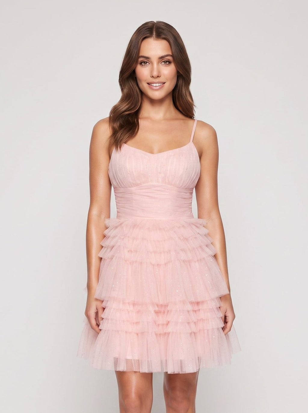 Petal Tulle A-Line Scoop Neck Criss-Cross Straps Short Dress with Tiered Ruffles - Curvevia