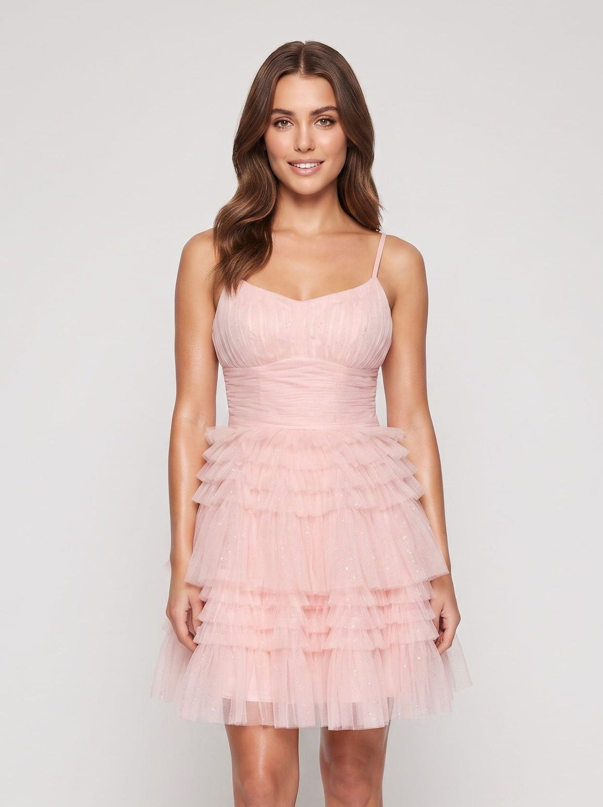 Petal Tulle A-Line Scoop Neck Criss-Cross Straps Short Dress with Tiered Ruffles - Curvevia