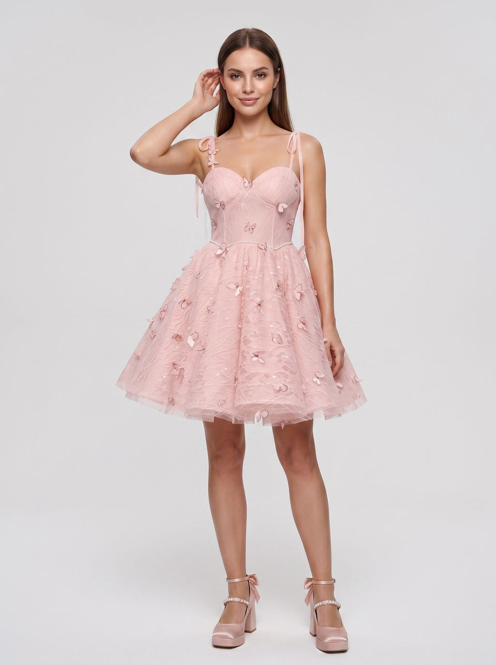 Petal Tulle A-Line Sweetheart Lace-up Short Dress with 3D Butterflies - Curvevia