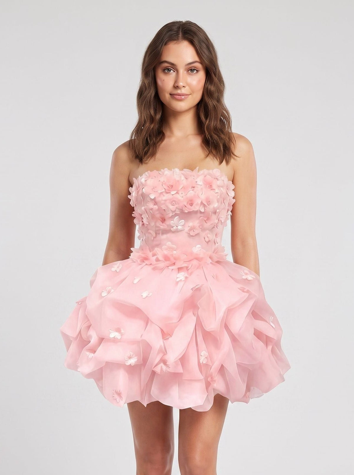 Petal Tulle A-Line Straight Neck Back Zip Short Dress with Floral Appliques - Curvevia