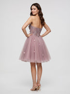 Purple Tulle A-Line Sweetheart Lace-up Short Dress with 3D Flowers - Curvevia