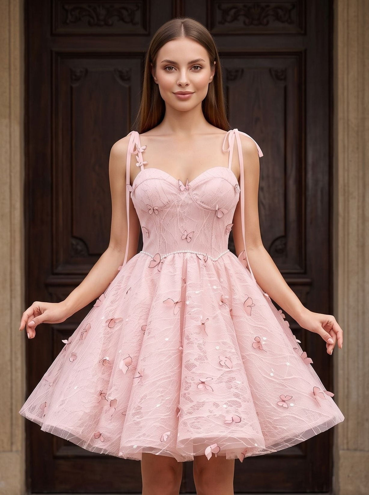 Petal Tulle A-Line Sweetheart Lace-up Short Dress with 3D Butterflies - Curvevia