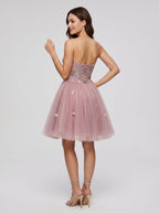 Purple Tulle A-Line Sweetheart Lace-up Short Dress with 3D Flowers - Curvevia