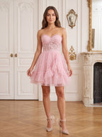 Petal Tulle A-Line Sweetheart Back Zip Short Dress with 3D Floral Appliques - Curvevia
