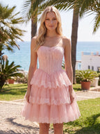 Petal Tulle A-Line Sweetheart Back Zip Short Dress with Lace Bodice - Curvevia