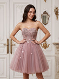 Purple Tulle A-Line Sweetheart Lace-up Short Dress with 3D Flowers - Curvevia