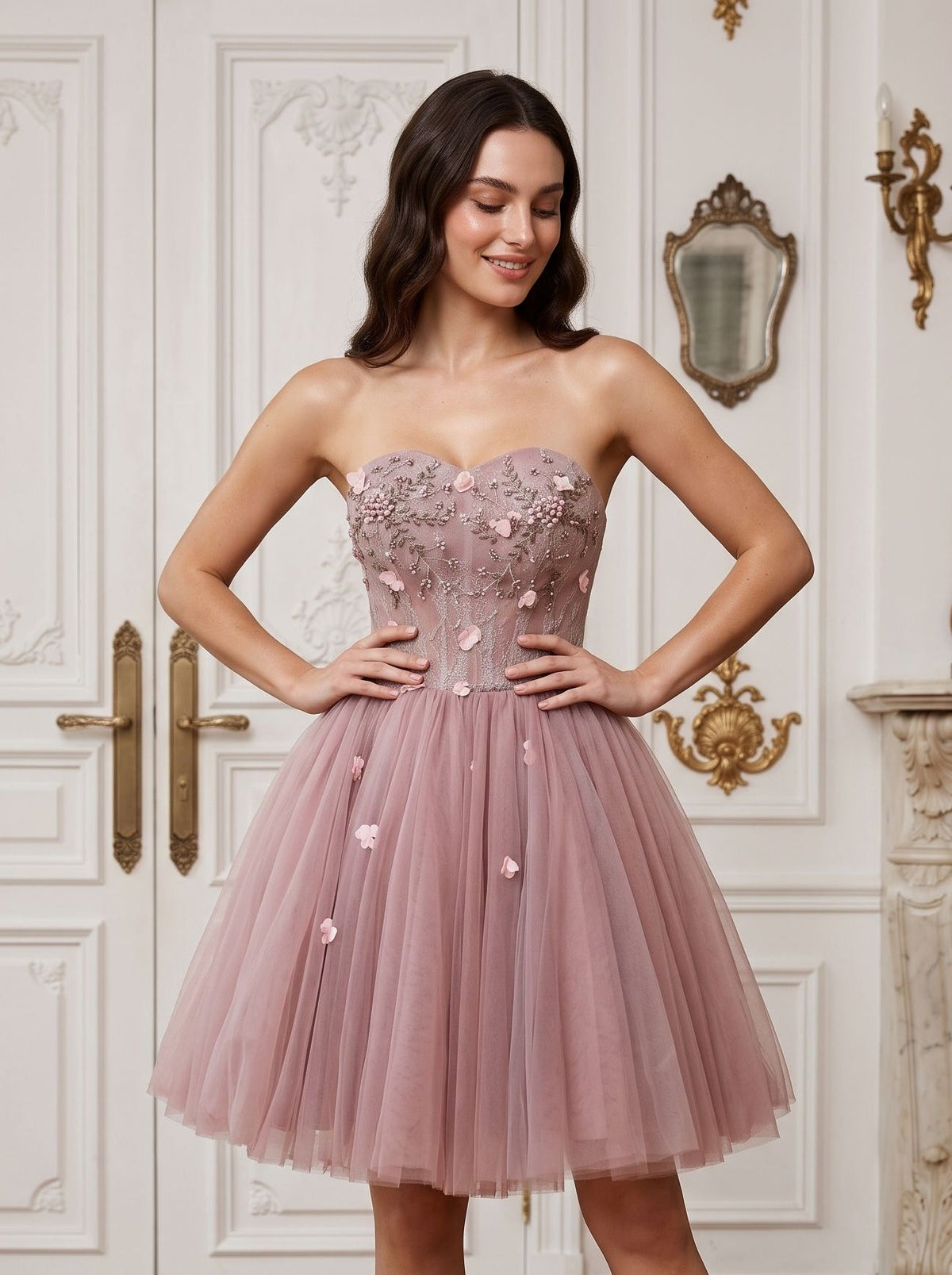 Purple Tulle A-Line Sweetheart Lace-up Short Dress with 3D Flowers - Curvevia
