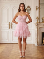 Petal Tulle A-Line Sweetheart Back Zip Short Dress with 3D Floral Appliques - Curvevia