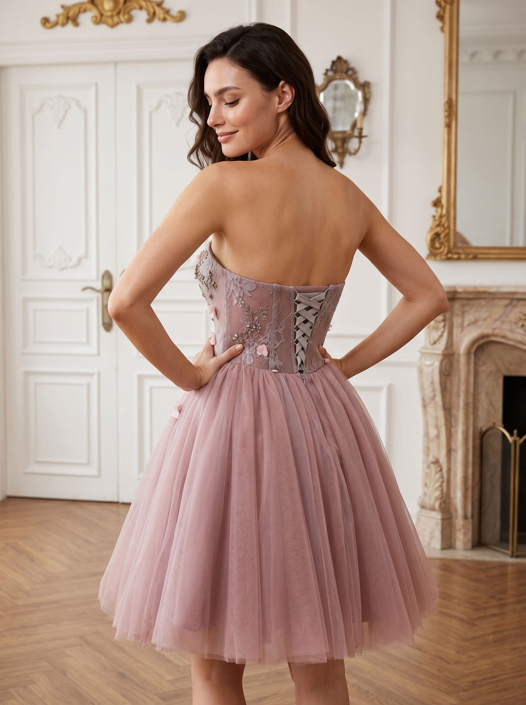 Purple Tulle A-Line Sweetheart Lace-up Short Dress with 3D Flowers - Curvevia