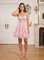 Petal Tulle A-Line Sweetheart Back Zip Short Dress with 3D Floral Appliques - Curvevia