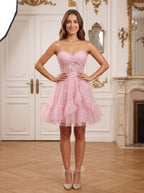 Petal Tulle A-Line Sweetheart Back Zip Short Dress with 3D Floral Appliques - Curvevia