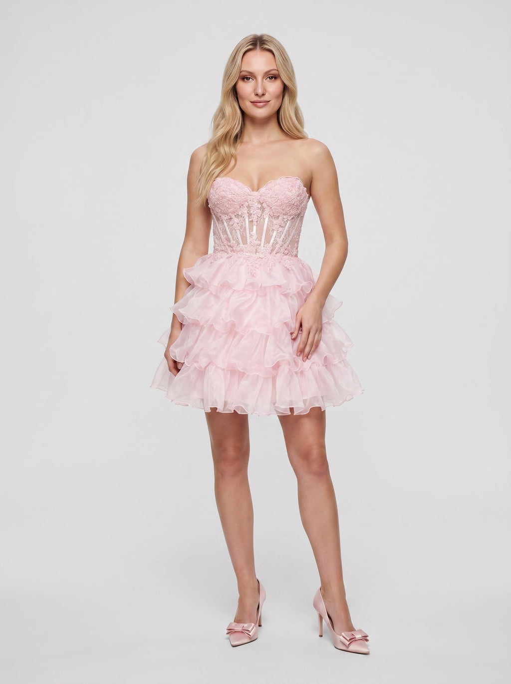 Petal Tulle A-Line Sweetheart Lace-up Short Dress with Tiered Ruffles - Curvevia