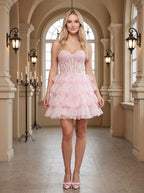 Petal Tulle A-Line Sweetheart Lace-up Short Dress with Tiered Ruffles - Curvevia