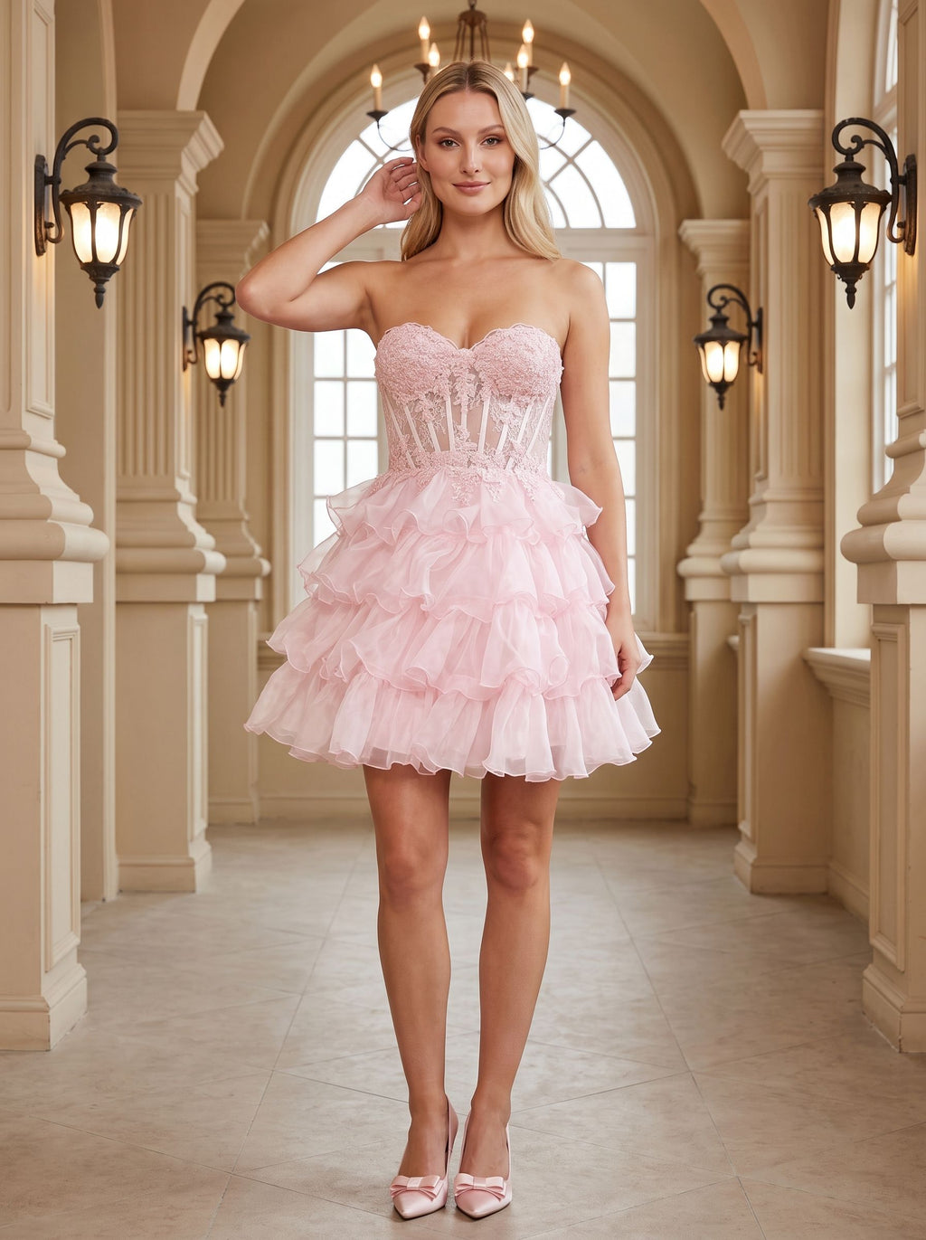 Petal Tulle A-Line Sweetheart Lace-up Short Dress with Tiered Ruffles - Curvevia