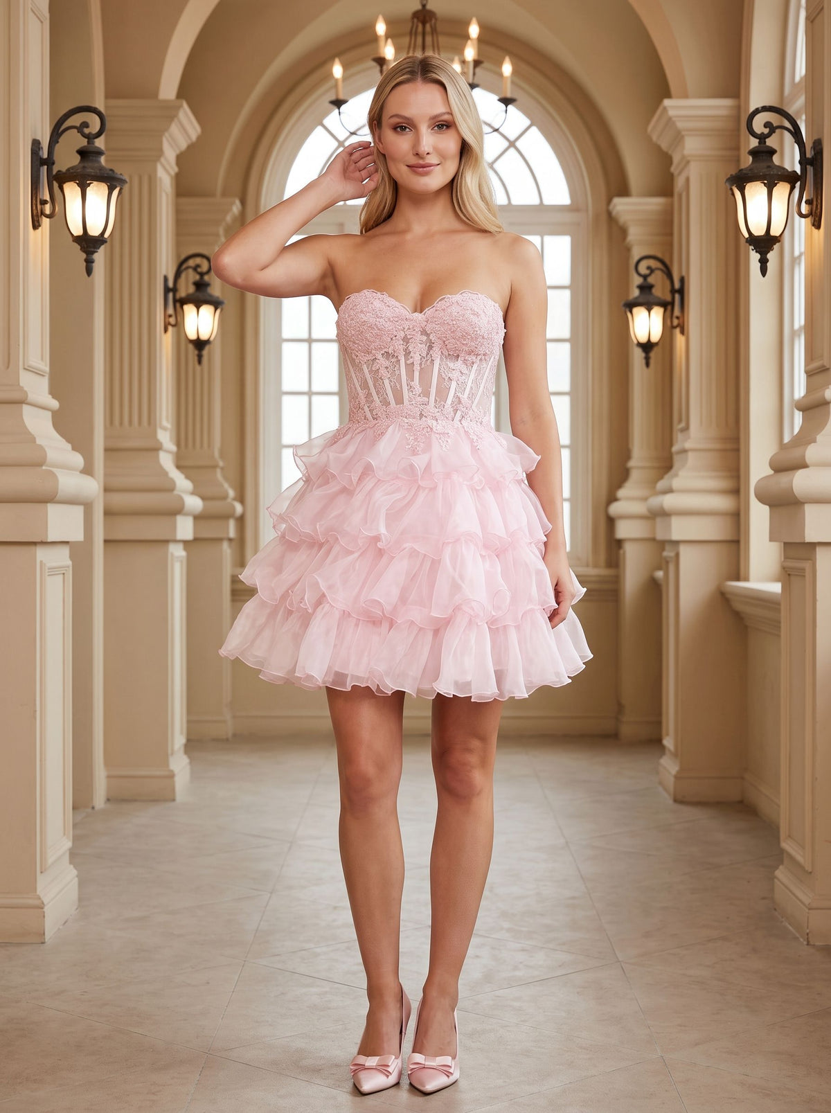 Petal Tulle A-Line Sweetheart Lace-up Short Dress with Tiered Ruffles - Curvevia
