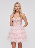 Petal Tulle A-Line Sweetheart Lace-up Short Dress with Tiered Ruffles - Curvevia