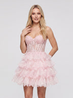 Petal Tulle A-Line Sweetheart Lace-up Short Dress with Tiered Ruffles - Curvevia
