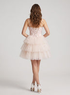 Blushing Pink Tulle A-Line Sweetheart Criss-Cross Straps Short Dress with Cascading Ruffles - Curvevia