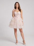 Blushing Pink Tulle A-Line Sweetheart Criss-Cross Straps Short Dress with Cascading Ruffles - Curvevia
