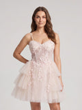 Blushing Pink Tulle A-Line Sweetheart Criss-Cross Straps Short Dress with Cascading Ruffles - Curvevia