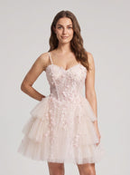 Blushing Pink Tulle A-Line Sweetheart Criss-Cross Straps Short Dress with Cascading Ruffles - Curvevia