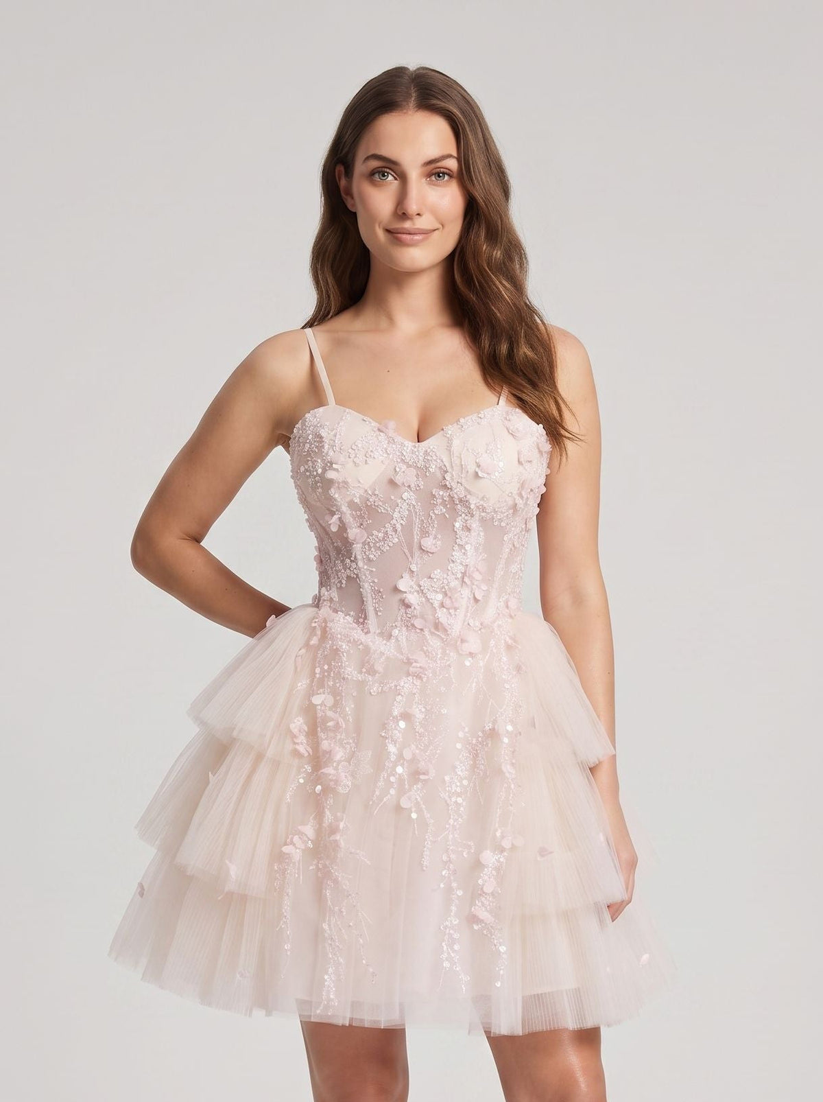 Blushing Pink Tulle A-Line Sweetheart Criss-Cross Straps Short Dress with Cascading Ruffles - Curvevia