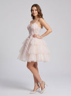 Blushing Pink Tulle A-Line Sweetheart Criss-Cross Straps Short Dress with Cascading Ruffles - Curvevia
