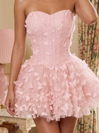 Petal Tulle A-Line Sweetheart Back Zip Short Dress with Floral Appliques - Curvevia