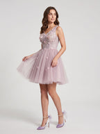 Purple Tulle A-Line V-Neck Lace-up Short Dress with 3D Flowers - Curvevia
