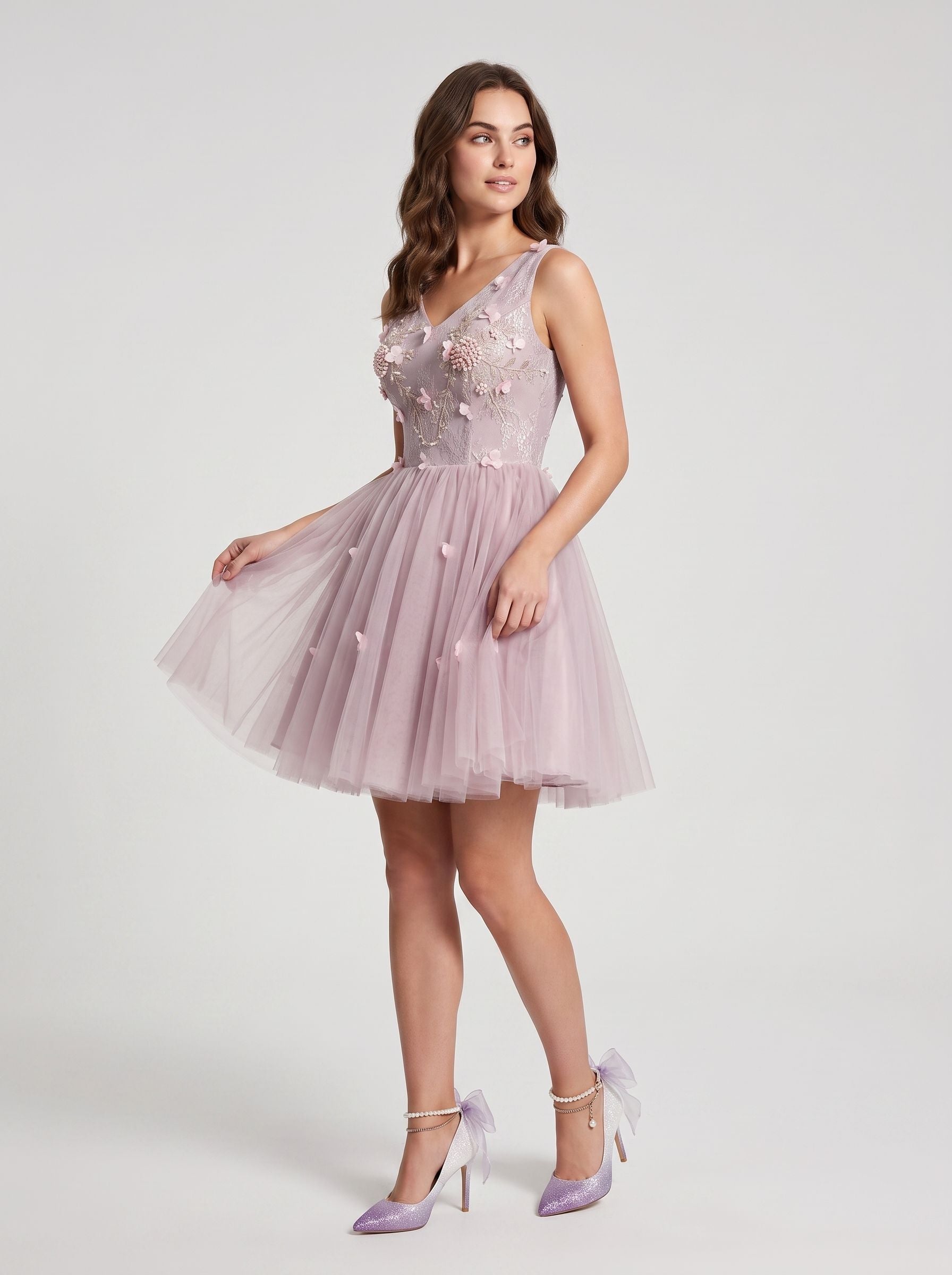 Purple Tulle A-Line V-Neck Lace-up Short Dress with 3D Flowers - Curvevia
