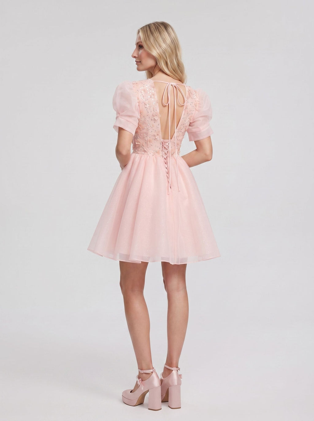 Petal Tulle A-Line V-Neck Lace-up Short Dress with 3D Flowers - Curvevia