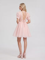Petal Tulle A-Line V-Neck Lace-up Short Dress with 3D Flowers - Curvevia