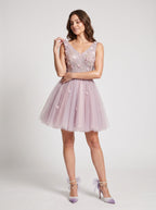 Purple Tulle A-Line V-Neck Lace-up Short Dress with 3D Flowers - Curvevia
