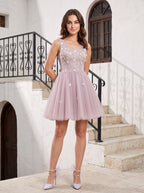 Purple Tulle A-Line V-Neck Lace-up Short Dress with 3D Flowers - Curvevia