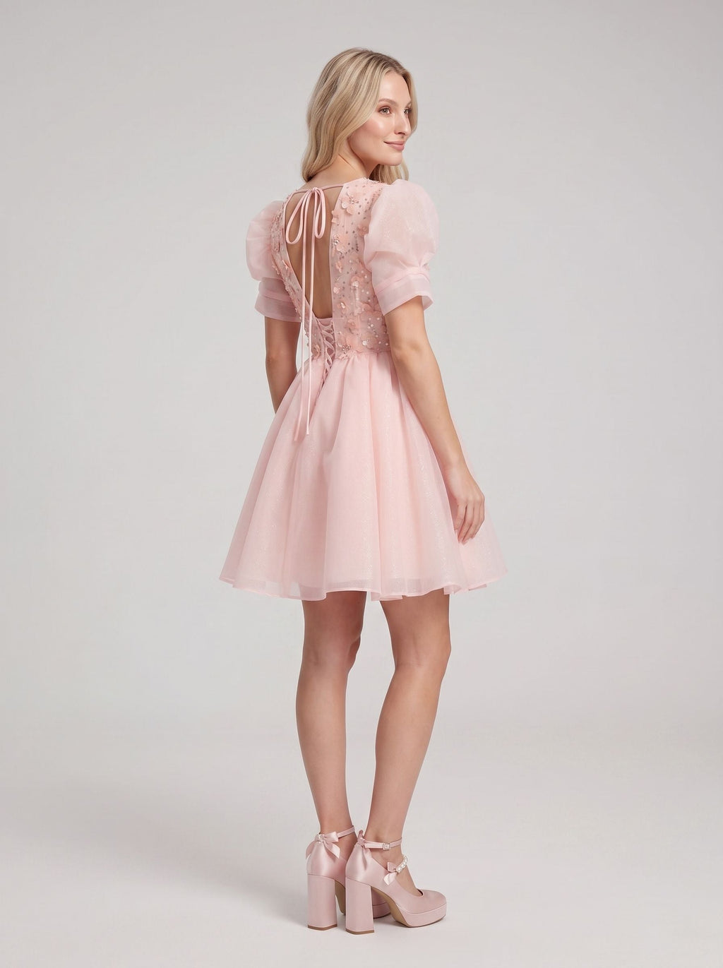 Petal Tulle A-Line V-Neck Lace-up Short Dress with 3D Flowers - Curvevia