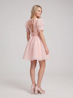 Petal Tulle A-Line V-Neck Lace-up Short Dress with 3D Flowers - Curvevia