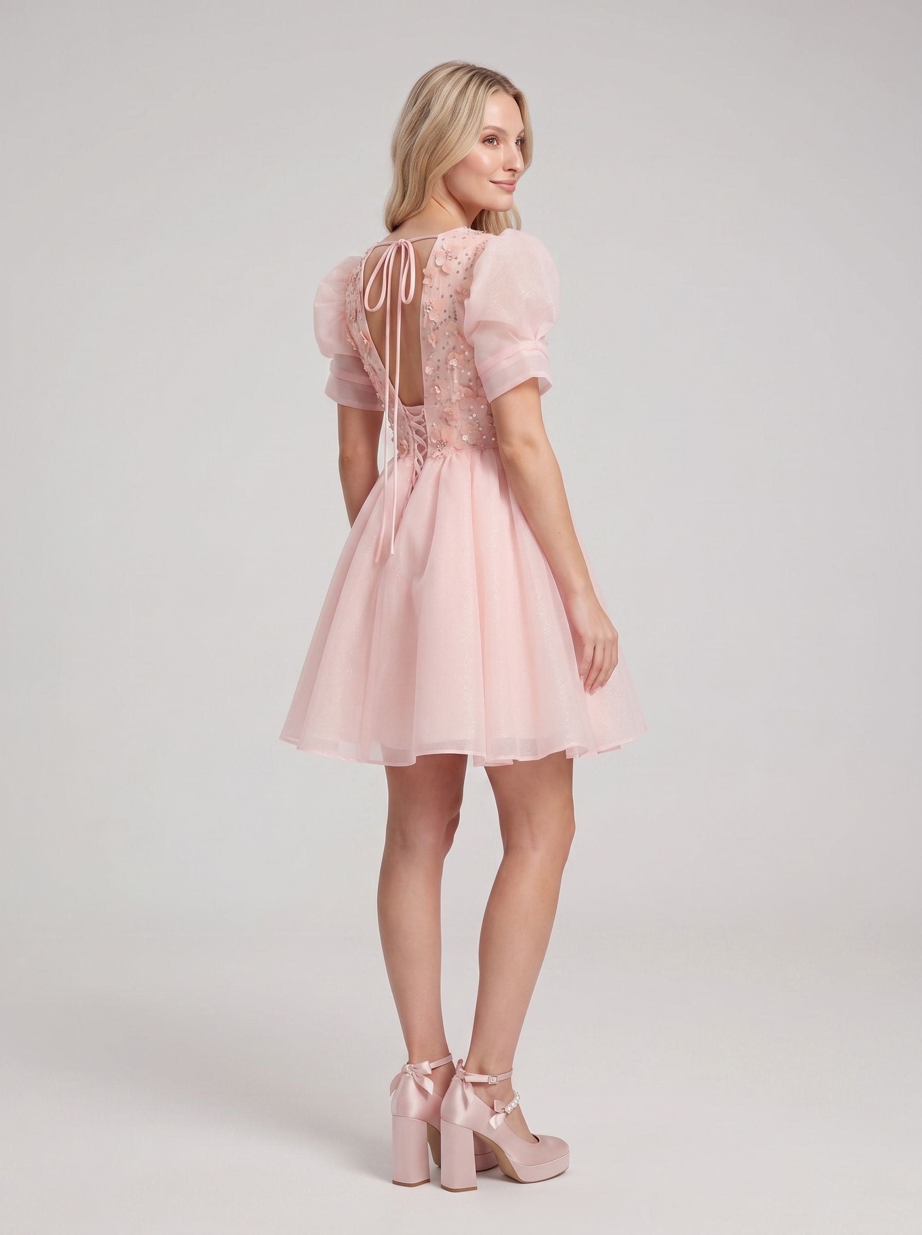 Petal Tulle A-Line V-Neck Lace-up Short Dress with 3D Flowers - Curvevia