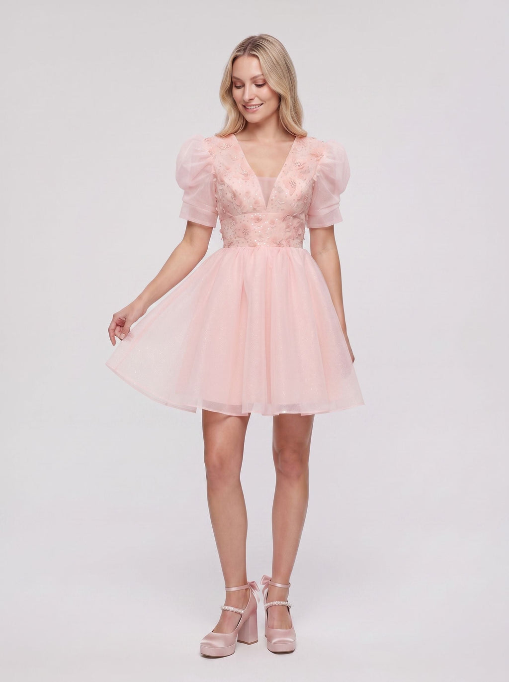 Petal Tulle A-Line V-Neck Lace-up Short Dress with 3D Flowers - Curvevia