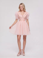 Petal Tulle A-Line V-Neck Lace-up Short Dress with 3D Flowers - Curvevia