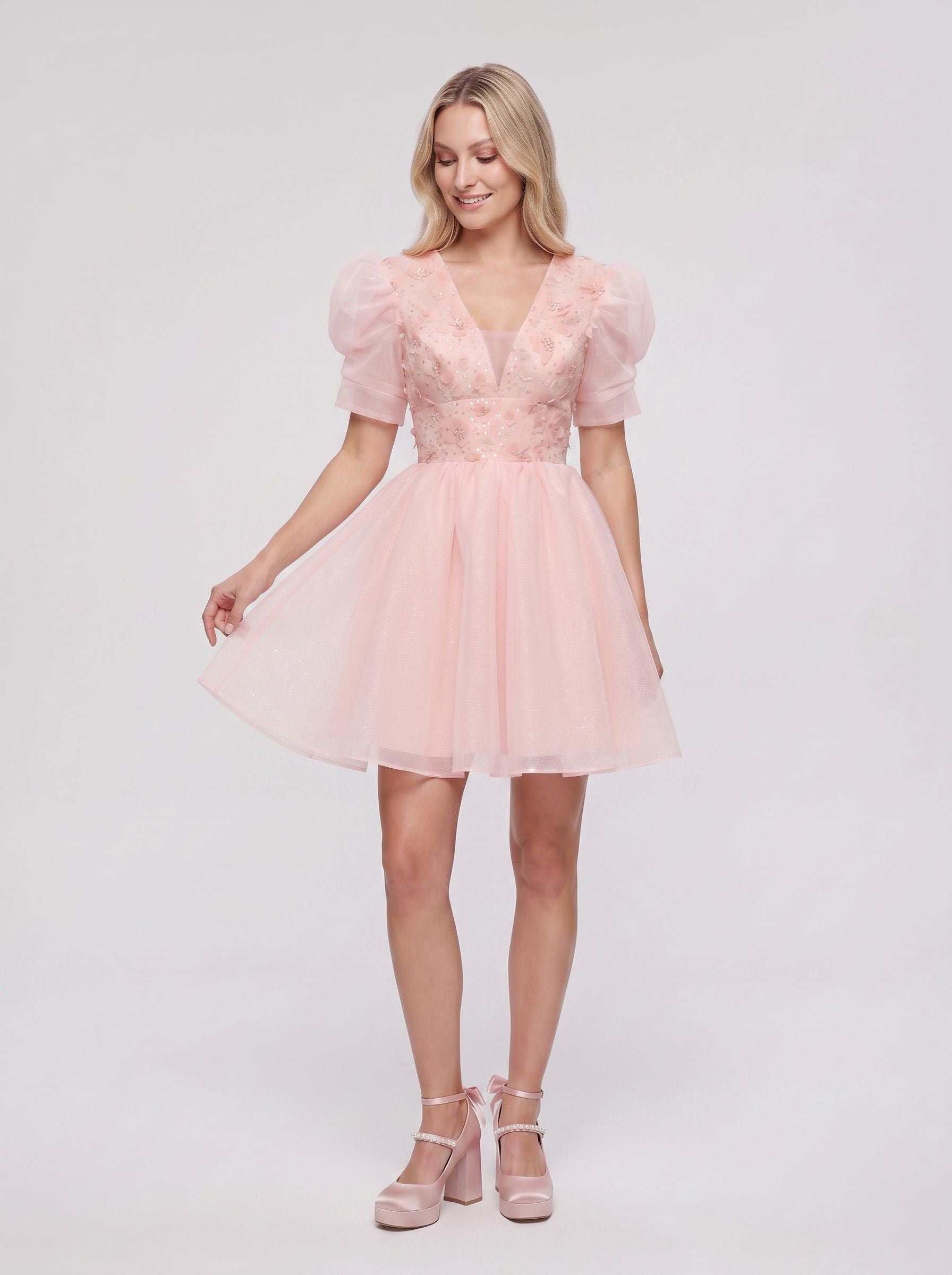 Petal Tulle A-Line V-Neck Lace-up Short Dress with 3D Flowers - Curvevia